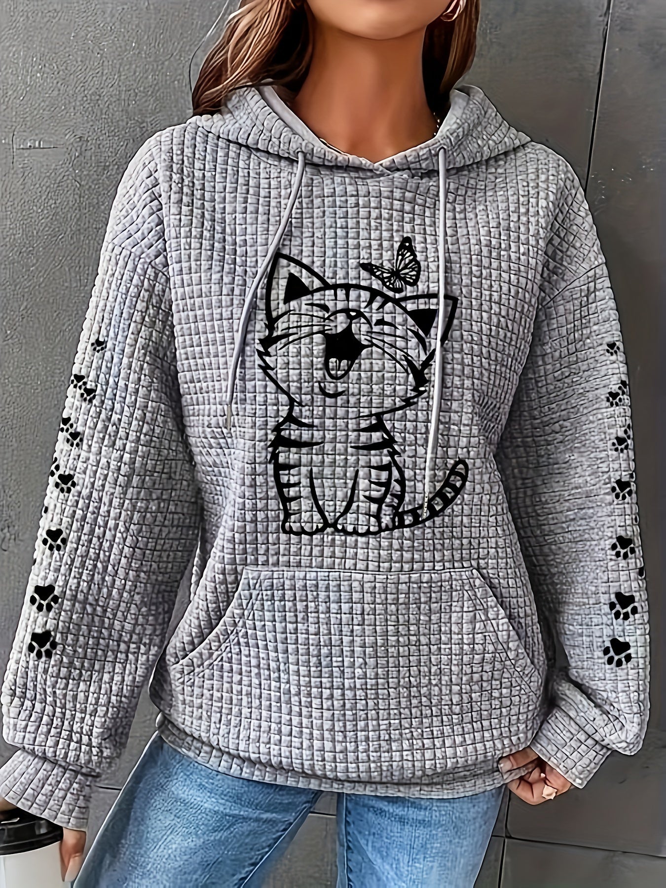 Women's Cat Pattern Waffle Hoodie Long Sleeve Casual Sweatshirt Large Size