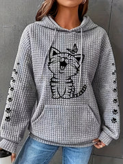 Women's Cat Pattern Waffle Hoodie Long Sleeve Casual Sweatshirt Large Size