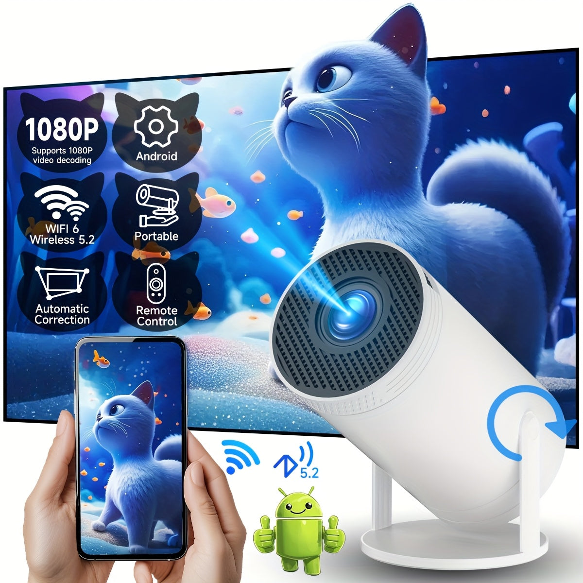 Portable 1080P Smart Projector with Android, 5G WiFi6, Auto Correction