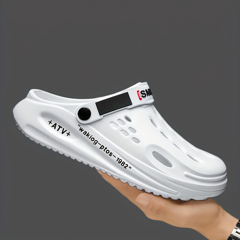 Men's EVA Clogs with Alphabet Design Breathable Slip-On Garden Shoes with Yellow Strap