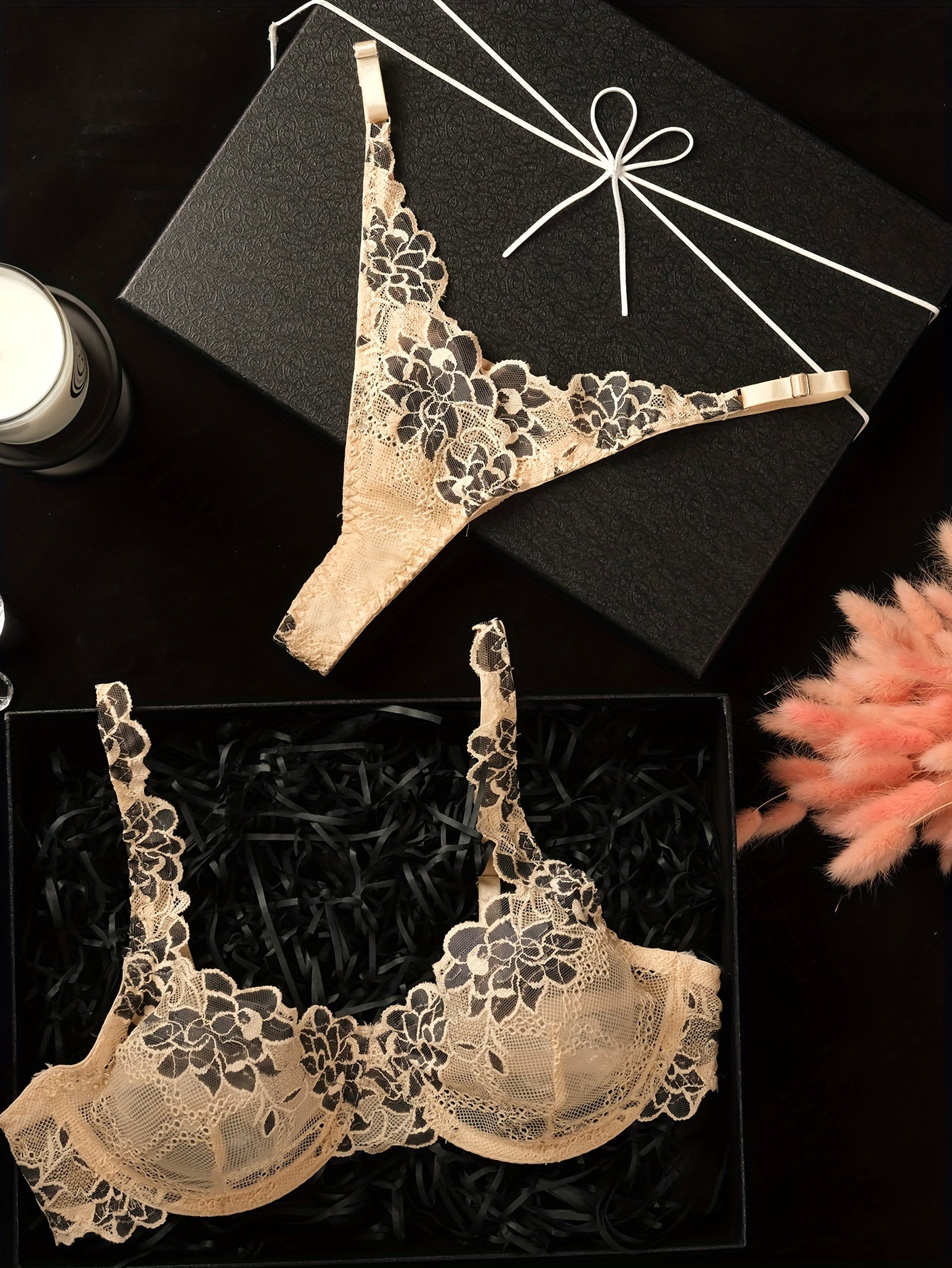 Women's Romantic Lingerie Set with Apricot Lace and Green Floral Underwire Bra and Thong