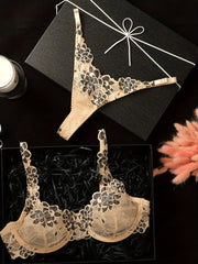 Women's Romantic Lingerie Set with Apricot Lace and Green Floral Underwire Bra and Thong
