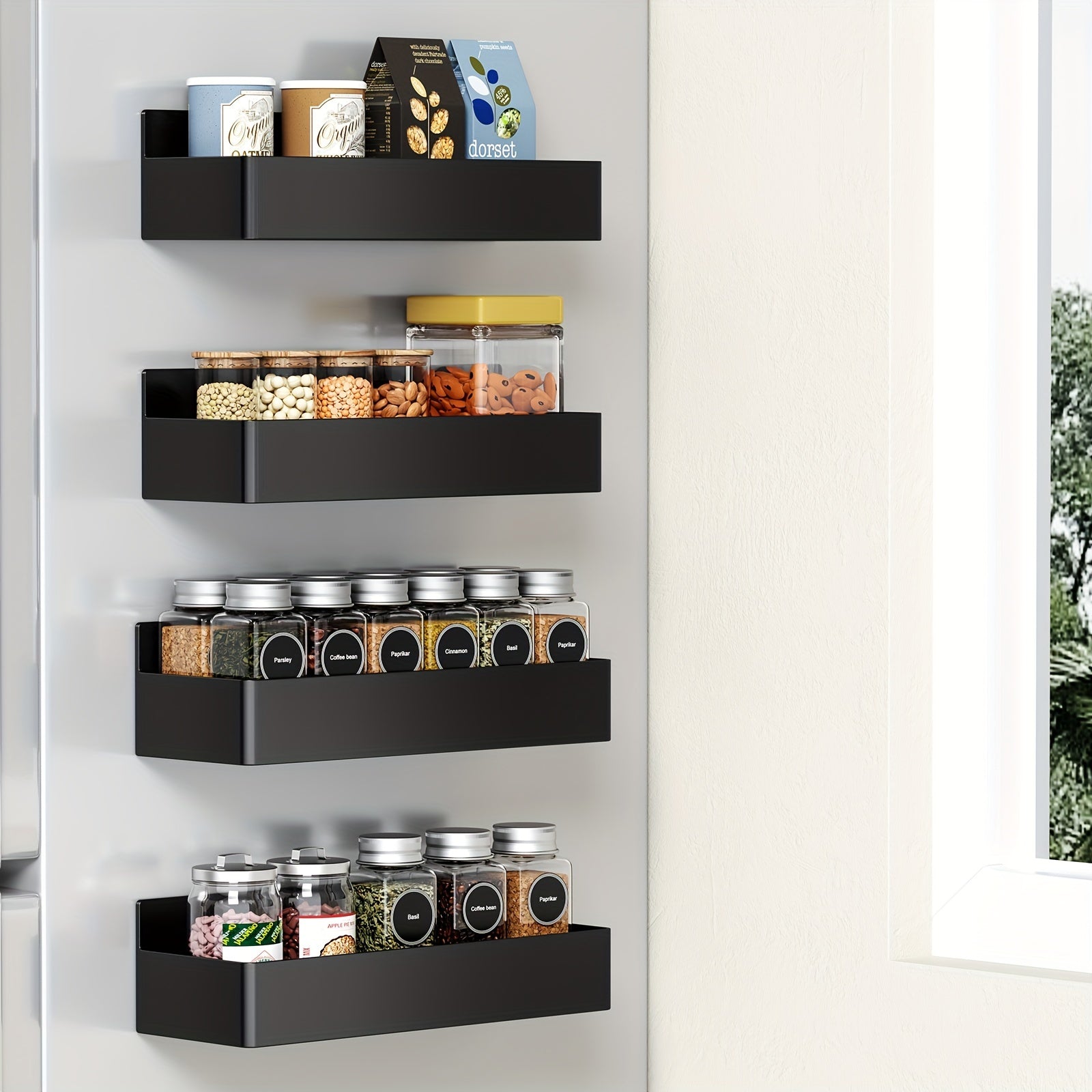 4PCS Magnetic Refrigerator Spice Racks Large Capacity Space-Saving Black
