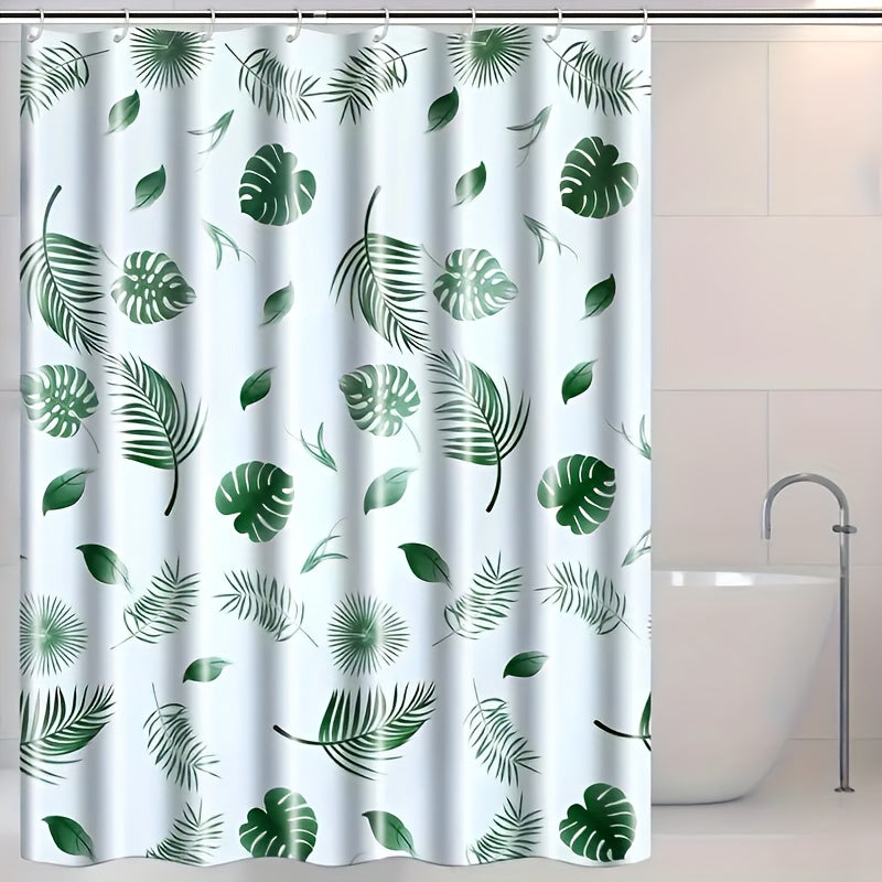 Water-Resistant Polyester Tropical Leaf Bath Liner with Hooks for Bathroom Decor