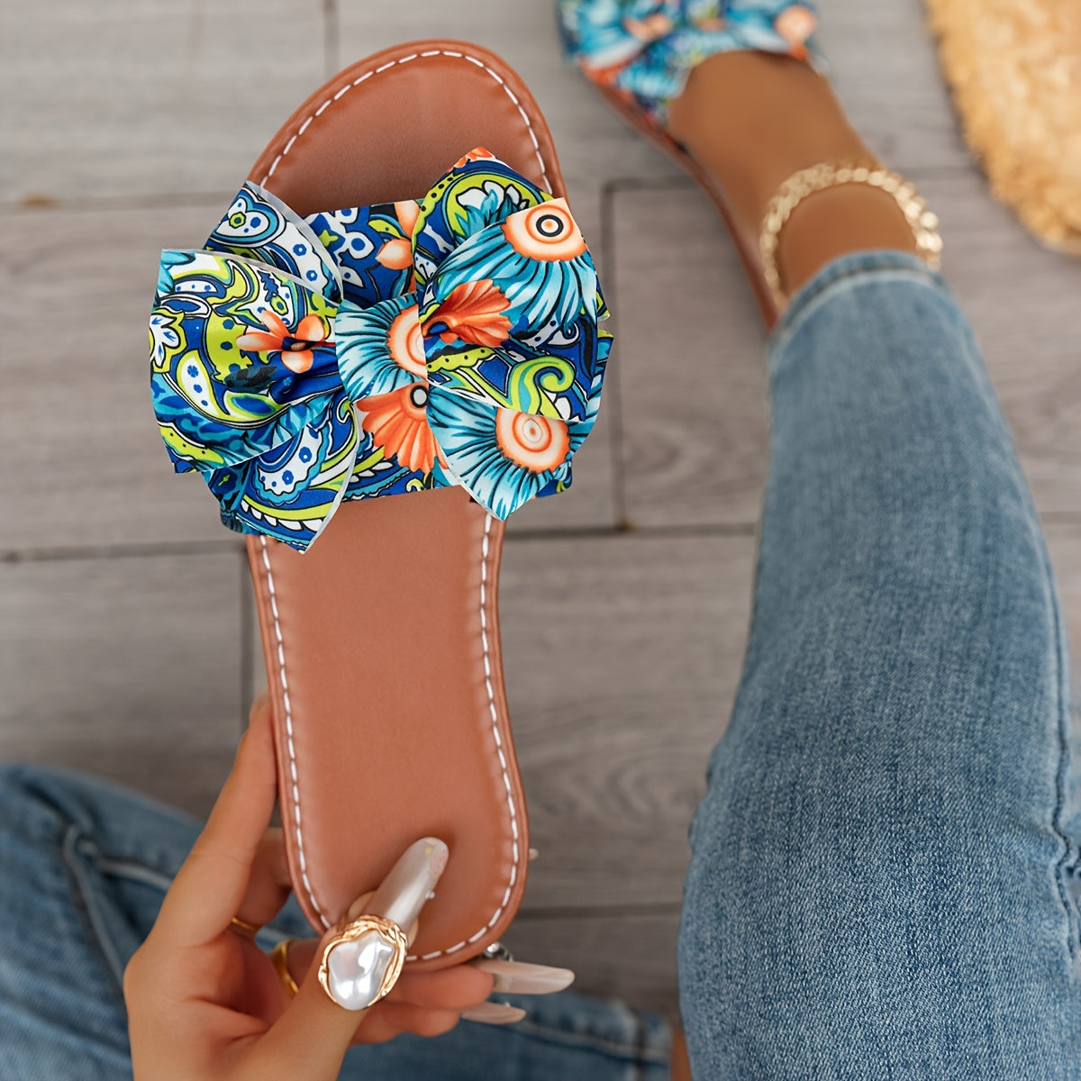 Women Bohemian Floral Slide Sandals Vibrant Blue Orange Green Strappy