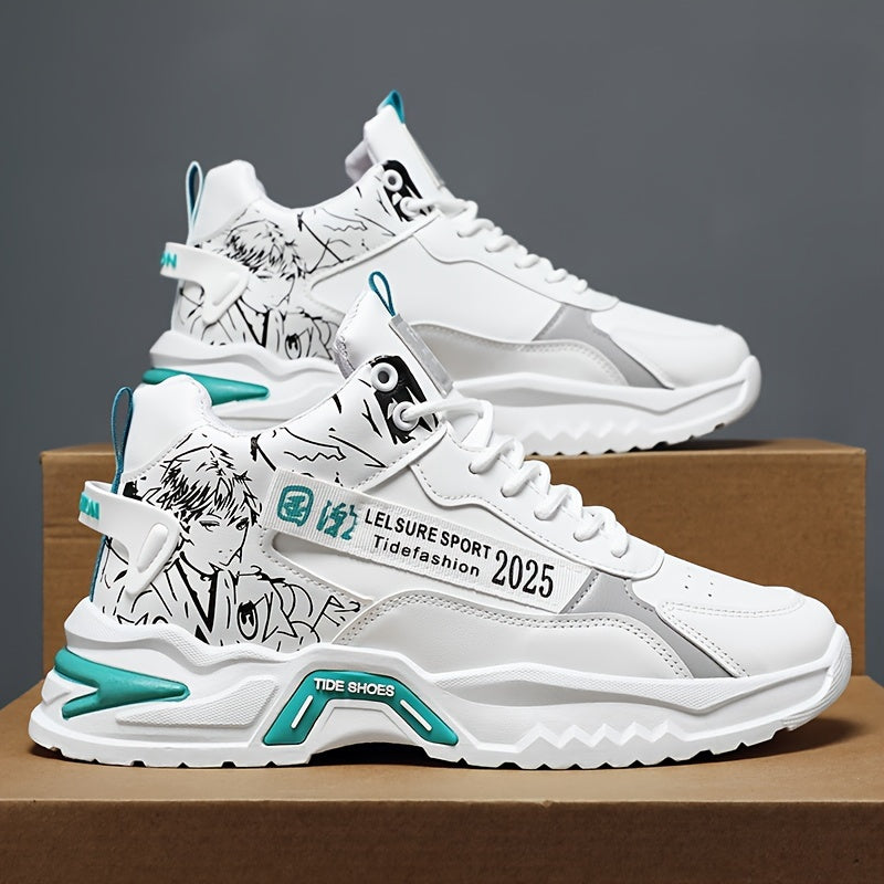 Men's Anime Pattern Lace-Up Non-Slip Platform Sneakers for Outdoor Activities
