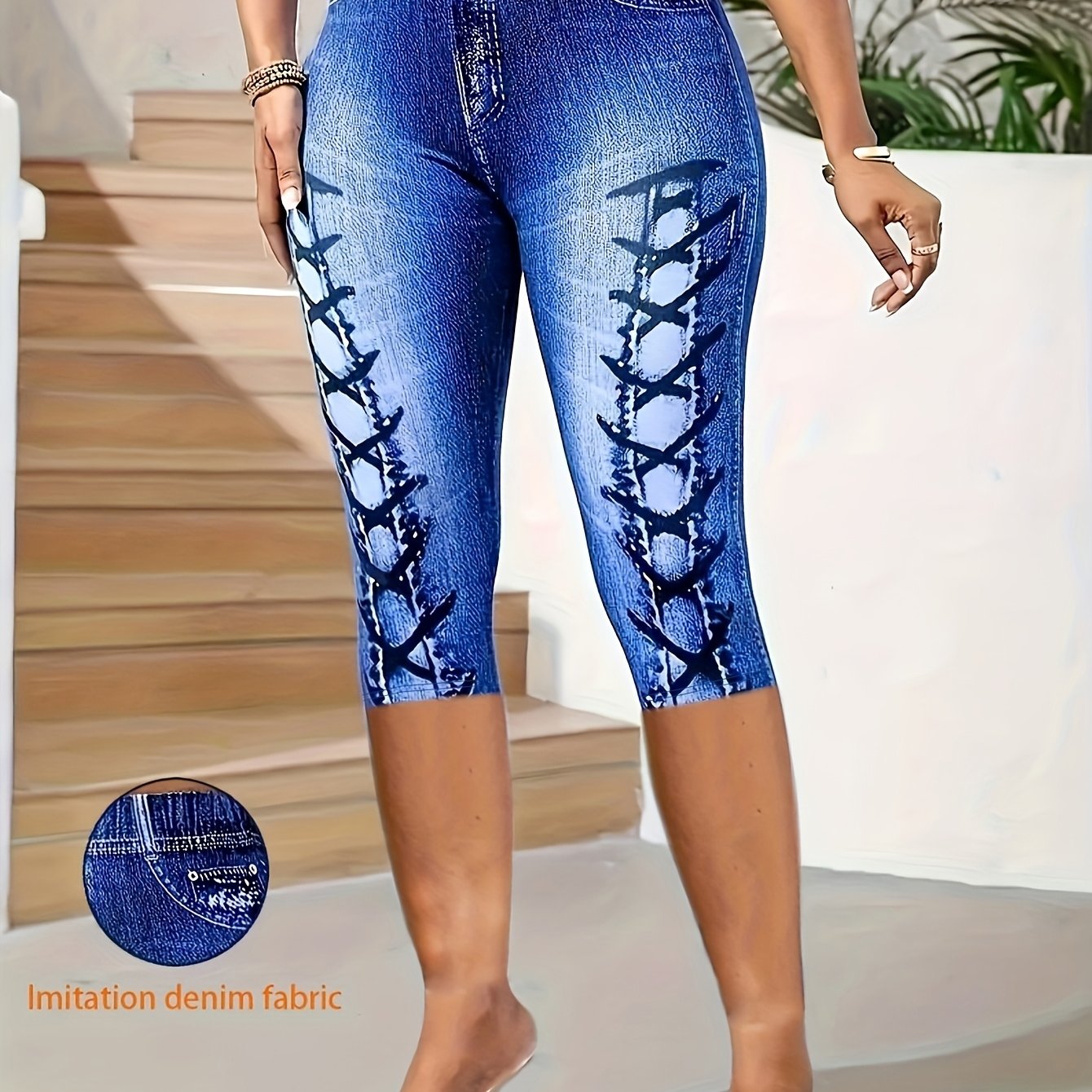 Women's Plus Size Faux Denim Print Tight Seven-Eighth Pants