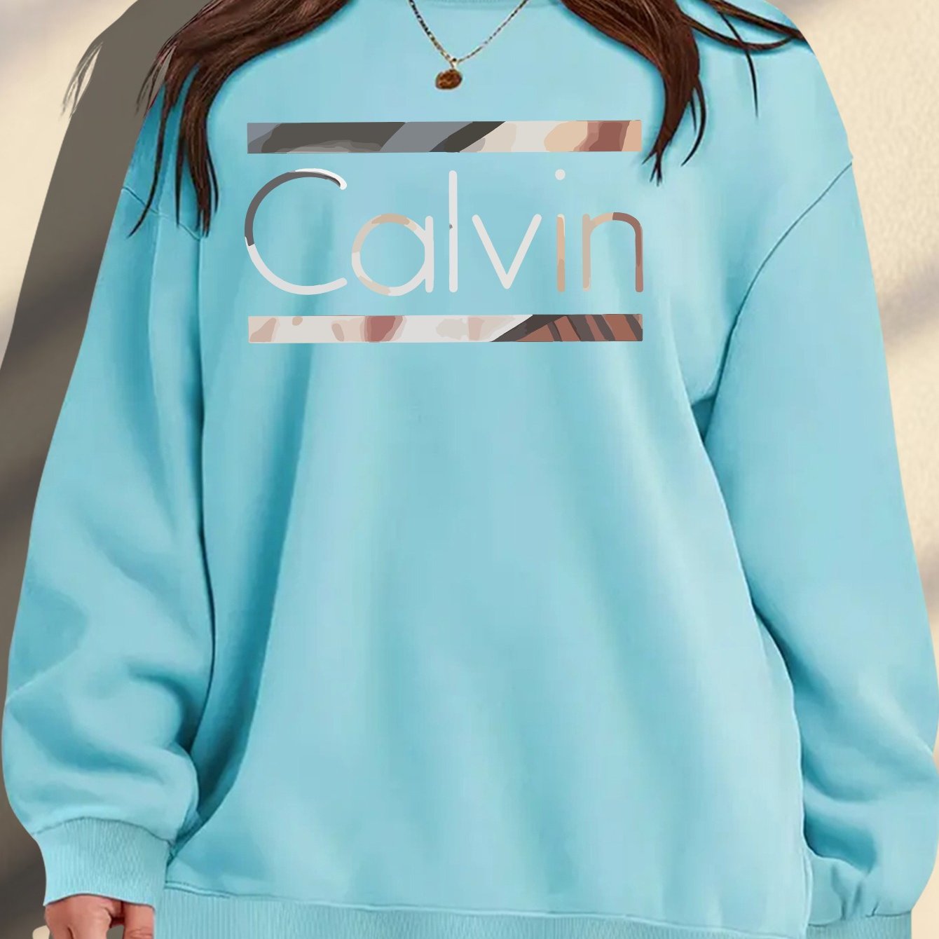 Plus Size Women's Crew Neck Sweatshirt Light Blue Relaxed Fit Knit