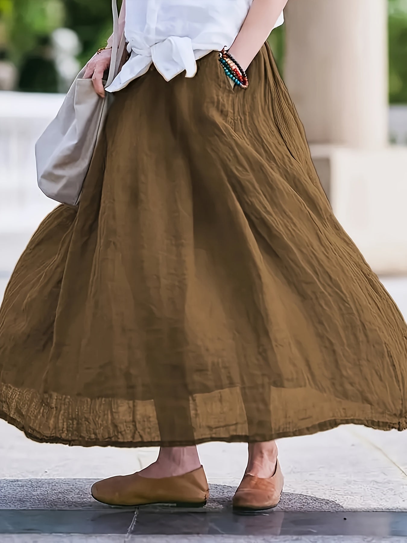 Plus Size Maxi Skirt with Pockets High-Waisted Flowing Solid Color Summer Casual