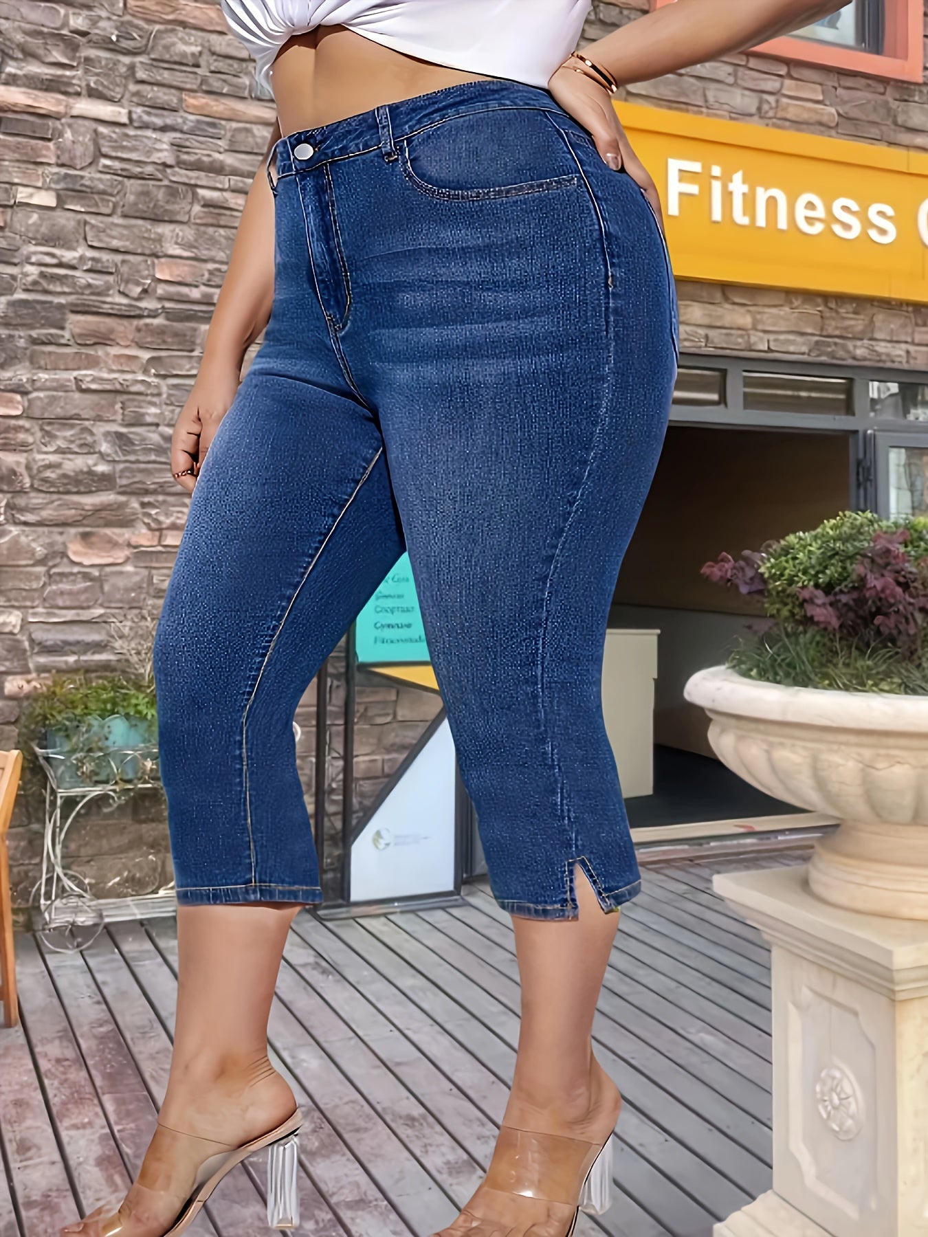 Plus Size Women’s Elastic Split Pants Slim Fit Black Large