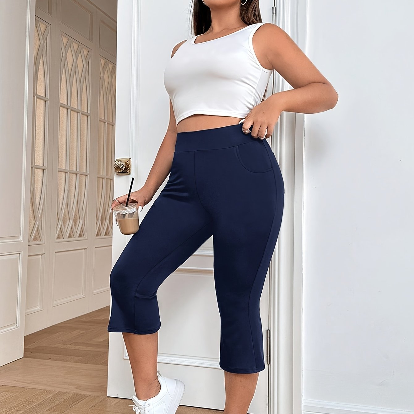 Women's Plus Size High-Waist Flare Pants Breathable Stretch Pockets Blue