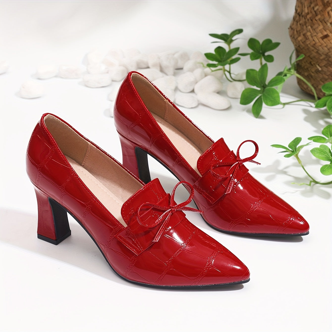 Women's Mary Jane Pumps Pointed Toe Bow Embellished Block Heel Shoes
