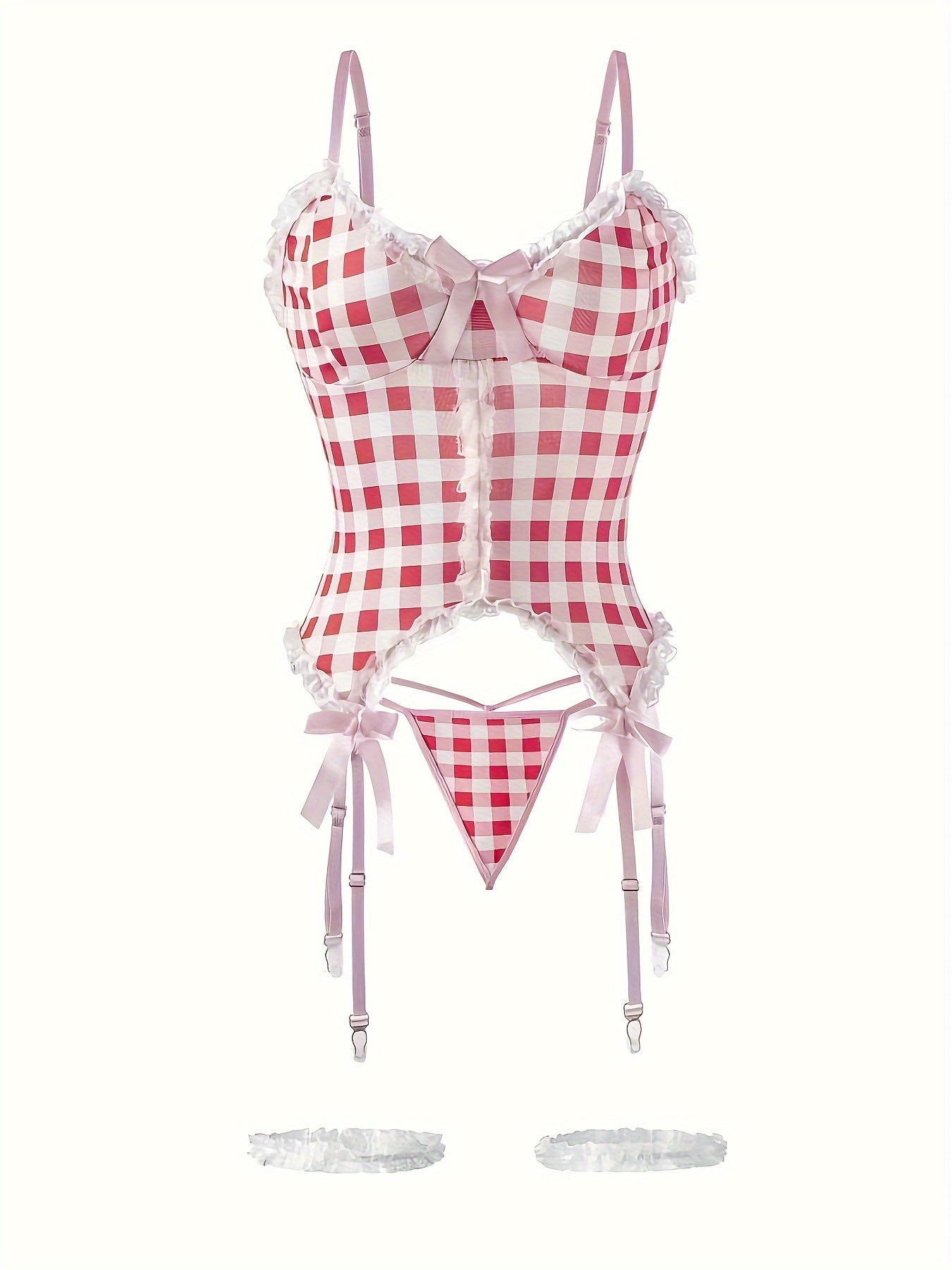 Women’s Lingerie Set with Grid Pattern and Bow