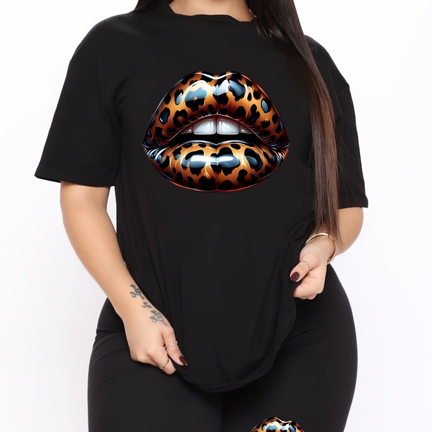 Women Plus Size Leopard Lip Print Casual Black Sportswear Set