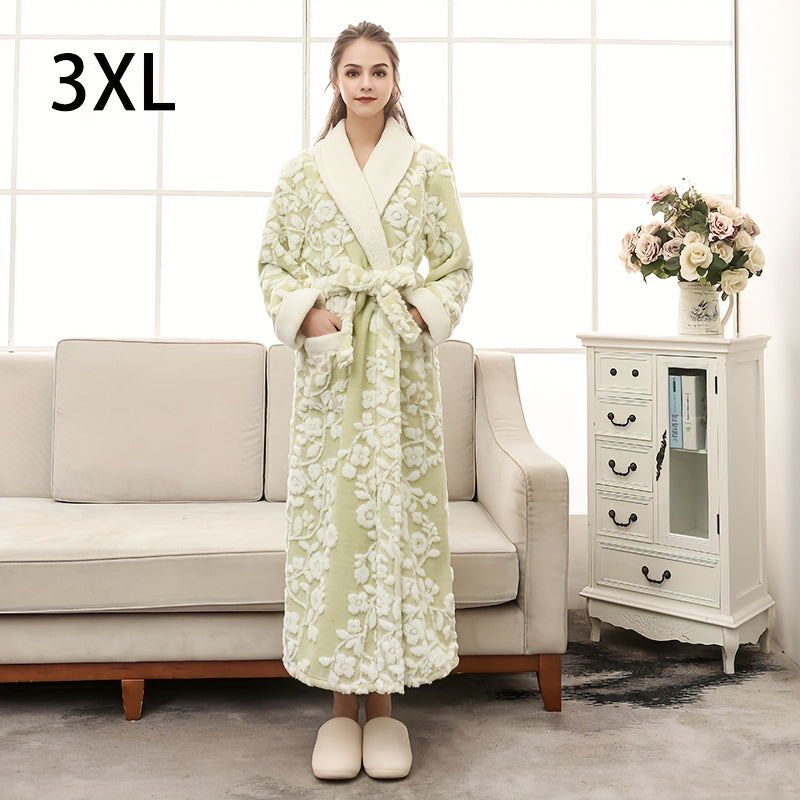 Unisex Thickened Long Bathrobe with Flower Pattern for Home and Bathroom Use