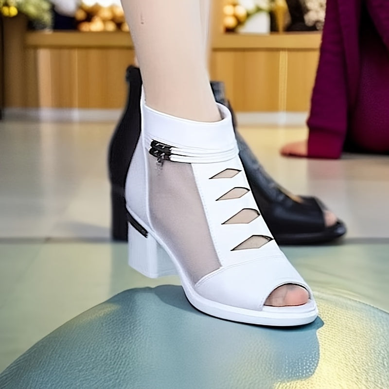 Women's Summer Ankle Boots Peep-Toe Chunky Heel Black White PU