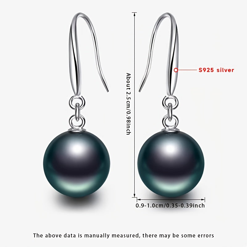 Women’s Black Tahitian Pearl Earrings 9-10mm Silver Dangle Jewelry Gift Box