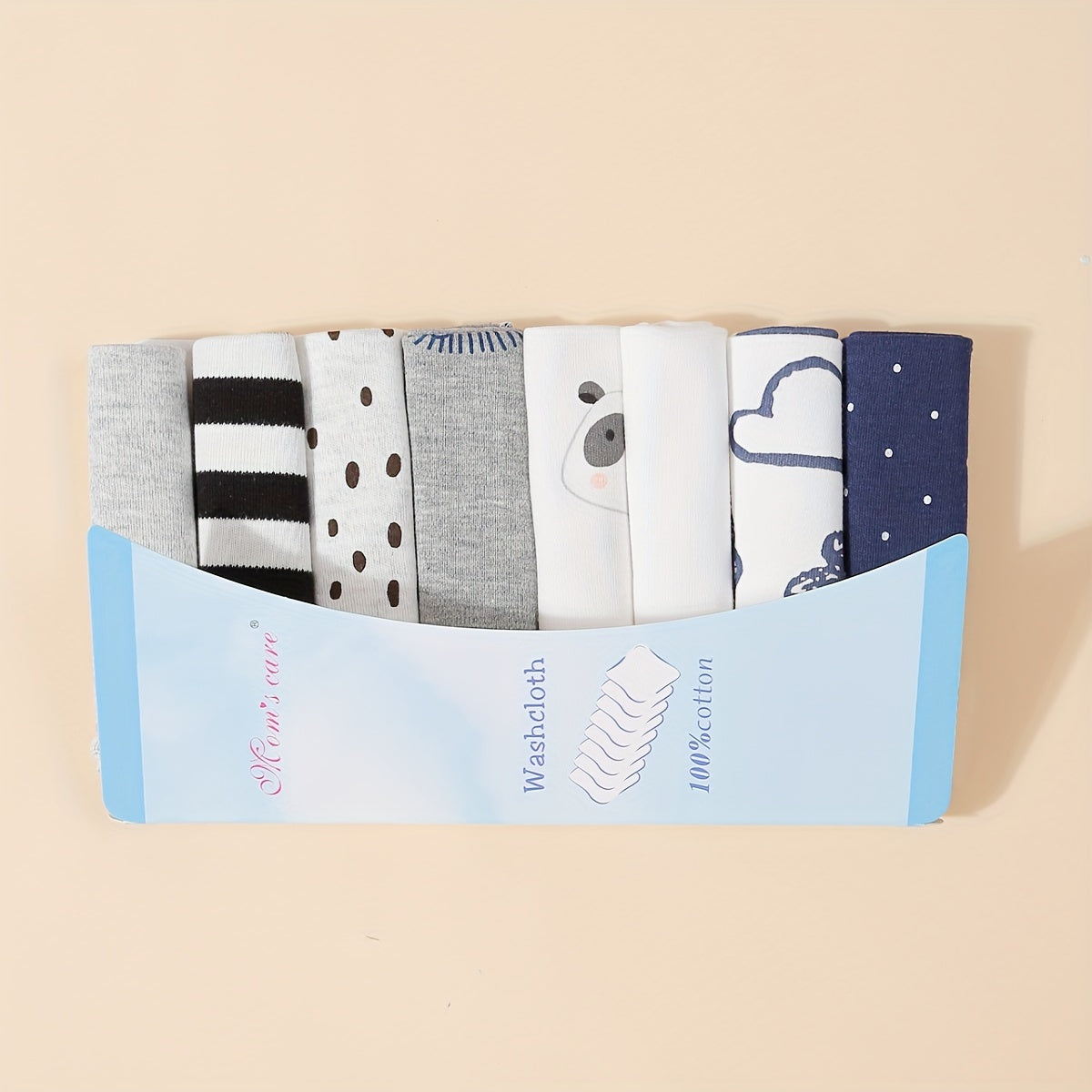 Set of 8 Ultra-Soft Knit Kids Washcloths Cloud and Panda Designs for Sensitive Skin