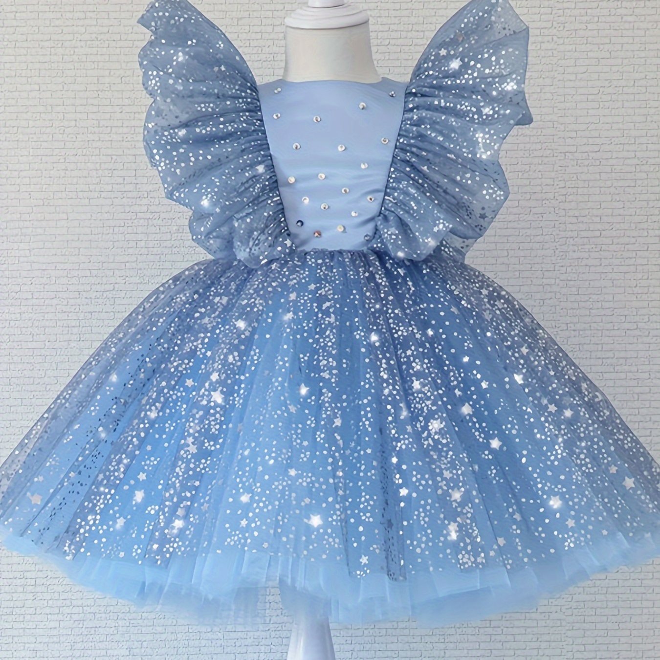Girls Princess Dress with Flying Sleeves Galaxy Pattern for Birthday Party