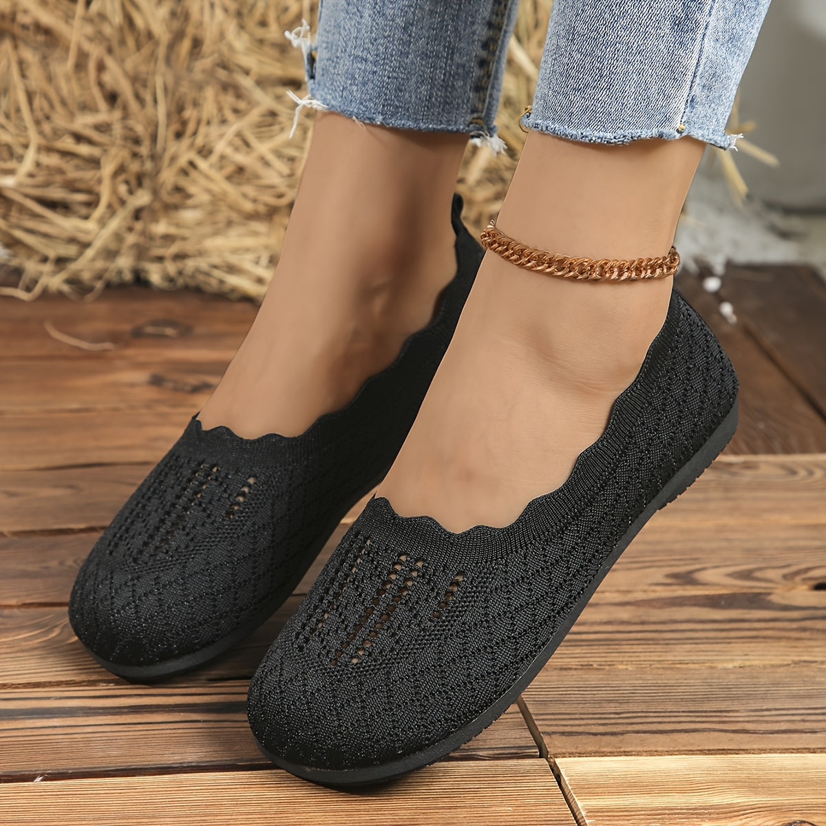 Women's Slip-On Flats Breathable Fabric Cushioned Insole Non-Slip Sole Black