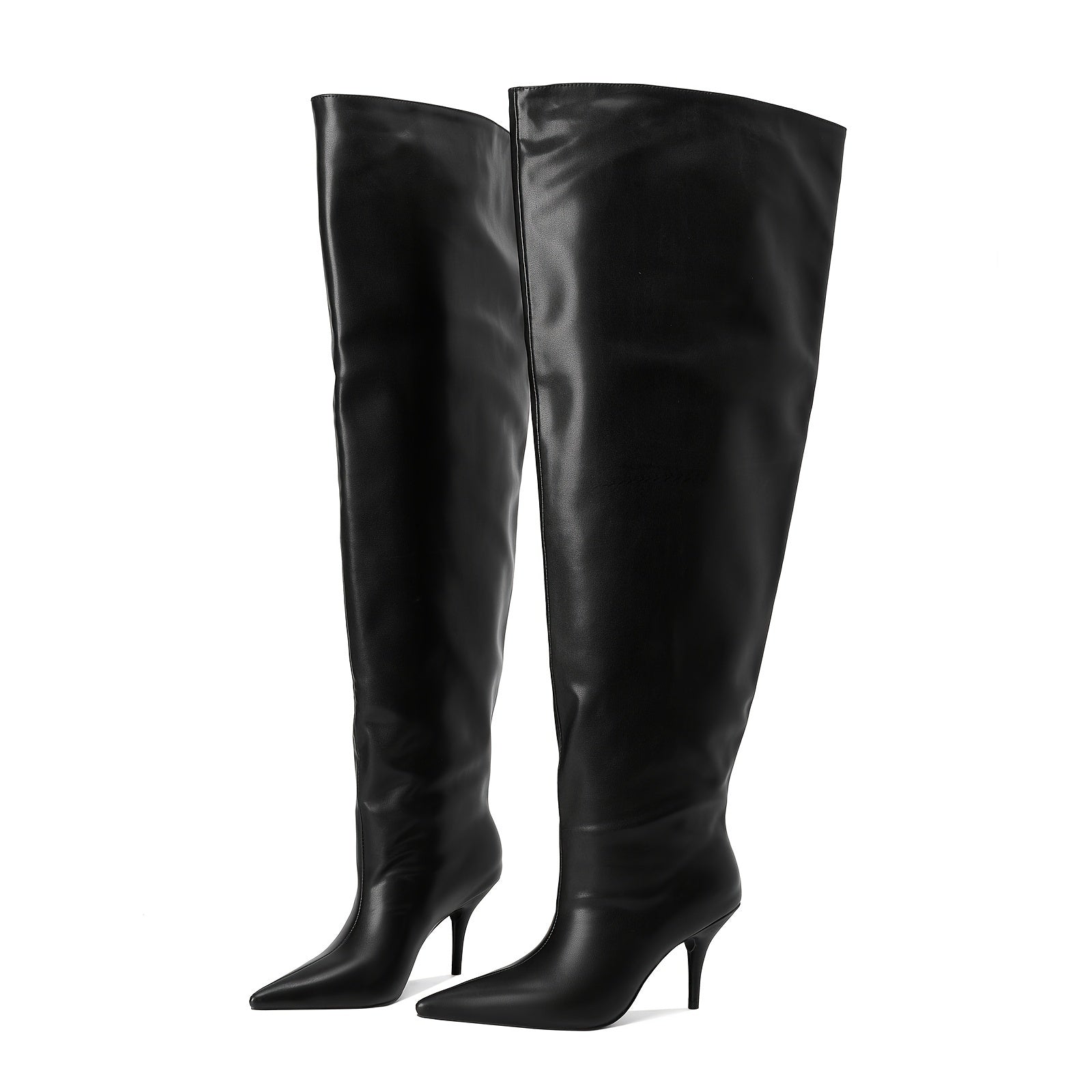 Women's Black Faux Cover Pointed Toe Over-the-Knee Boots With Pleated Design