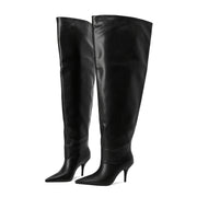 Women's Black Faux Cover Pointed Toe Over-the-Knee Boots With Pleated Design