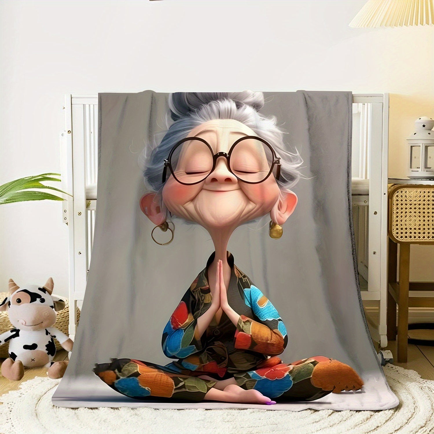 Meditating Grandma Fleece Blanket Soft Warm Cozy for Nap Travel Camping Sofa Bed Office Decor
