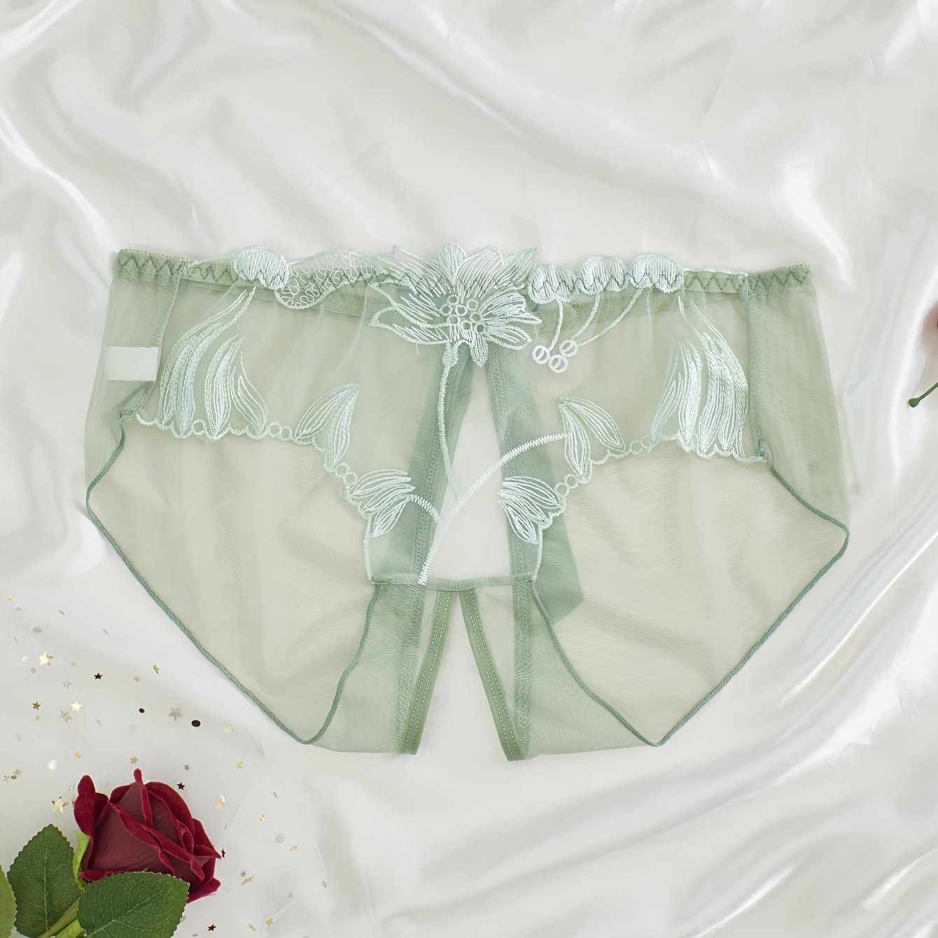 Women's Light Purple Lace Mesh Panties with Floral Embroidery and Open Crotch