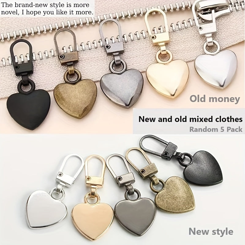 5 LuxeCraft Love Heart Metal Zipper Pulls semi-automatic olib tashlanadigan snap tirqishlari bilan. Qutilar, sumkalar, kurtkalar, kiyimlar, poyabzal va botinkalar uchun o'rnini bosuvchi. Yuqori sifatli snap aksessuarlar.