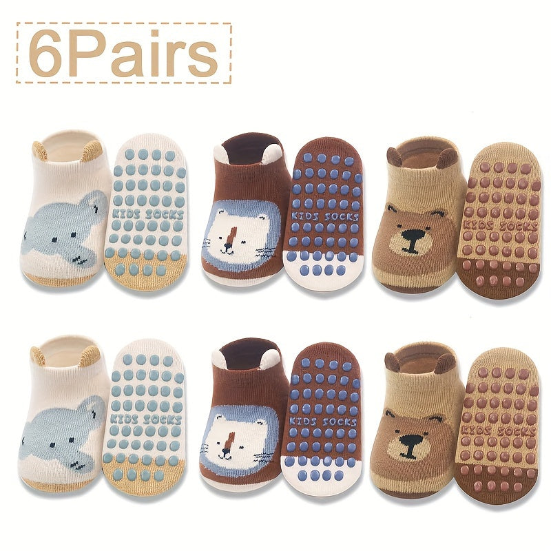 Kids Socks 6 Pairs Non-Slip Cartoon Animal Cotton Blend Breathable All-Season