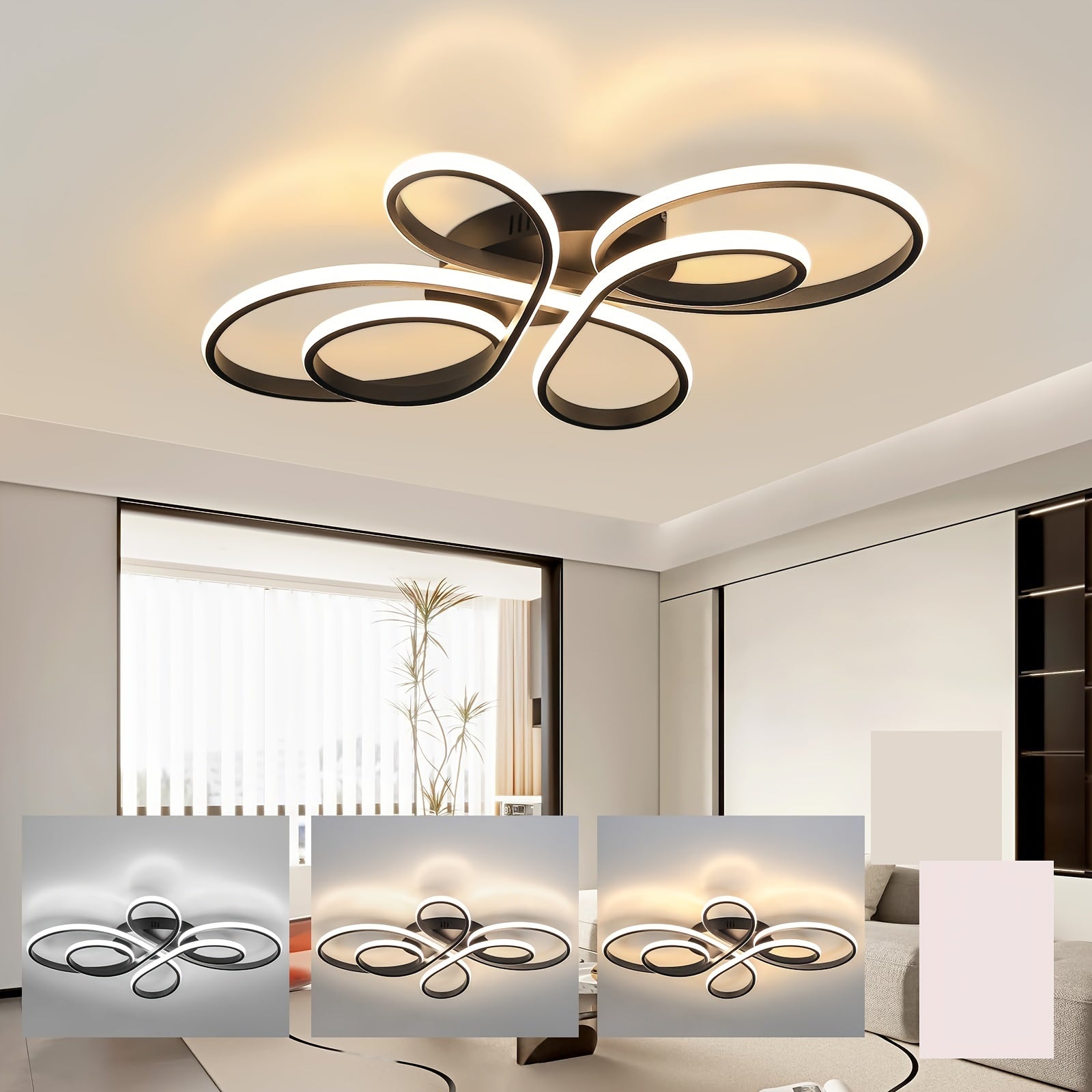 Modern Black Flower-Shaped LED Ceiling Light with Adjustable Color Temperature for Living Room Bedroom and Hallway