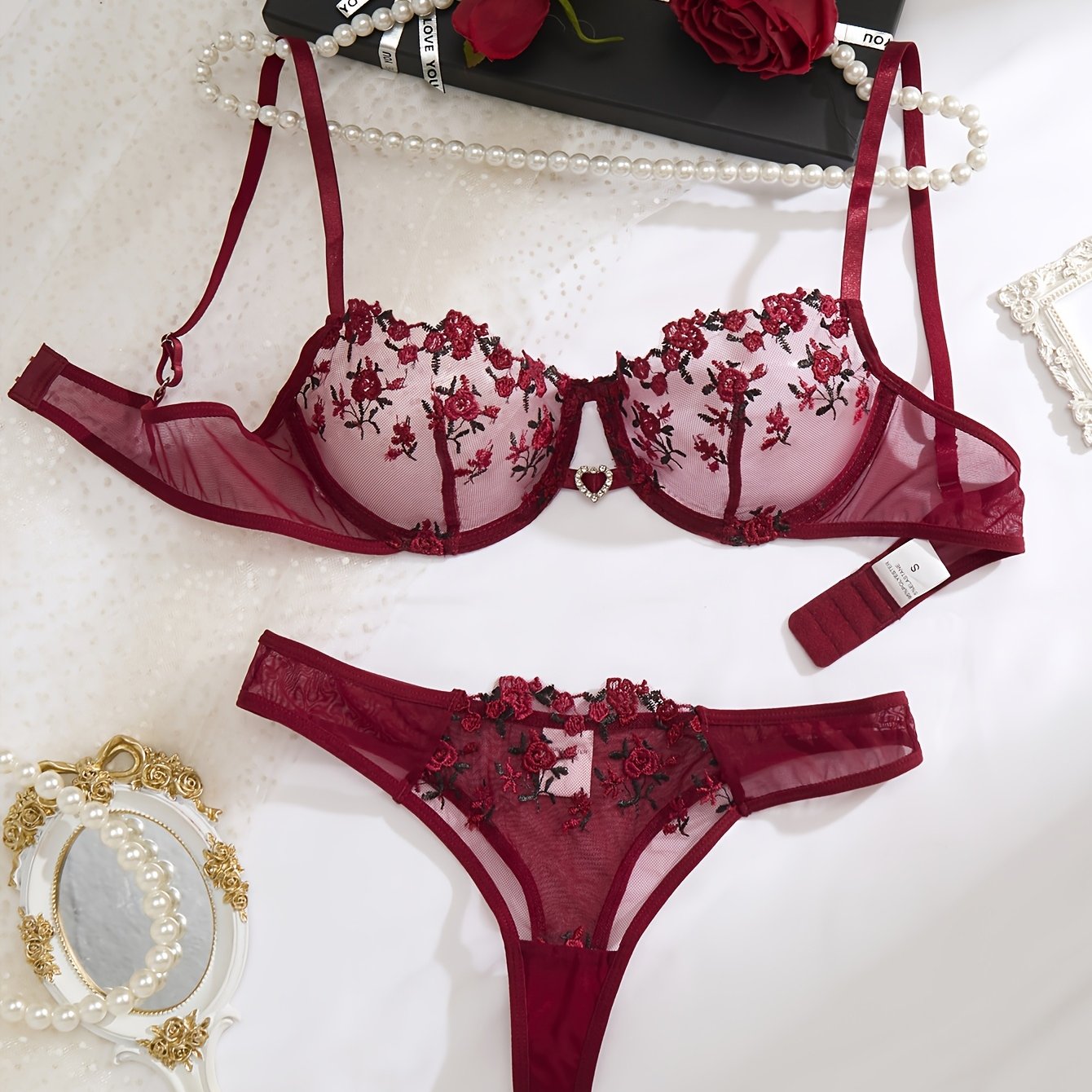 Women's Red Floral Embroidered Lingerie Set with Sheer Mesh Bra and Low-Rise Panties
