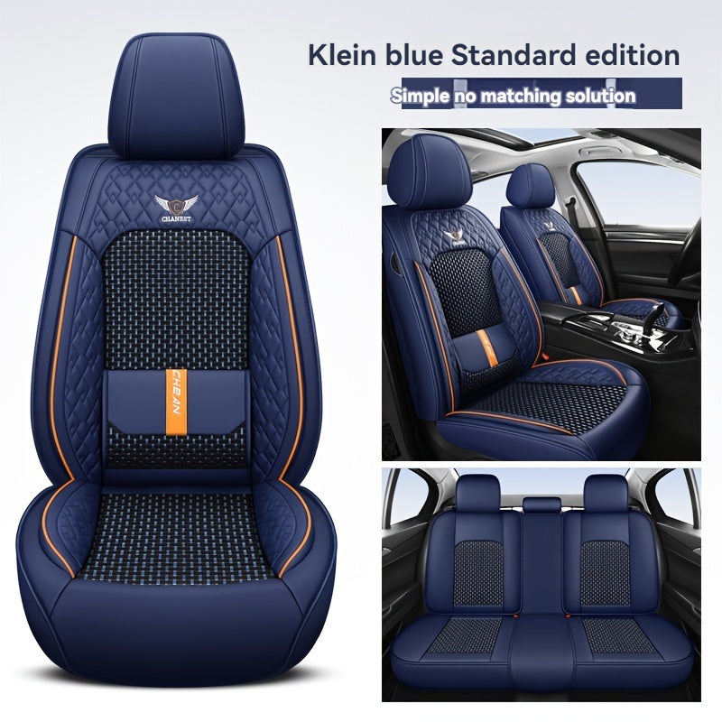 Fundas de asientos de coche de lujo para vehículos de 5 plazas, azul marino y naranja, malla transpirable, cuero PU