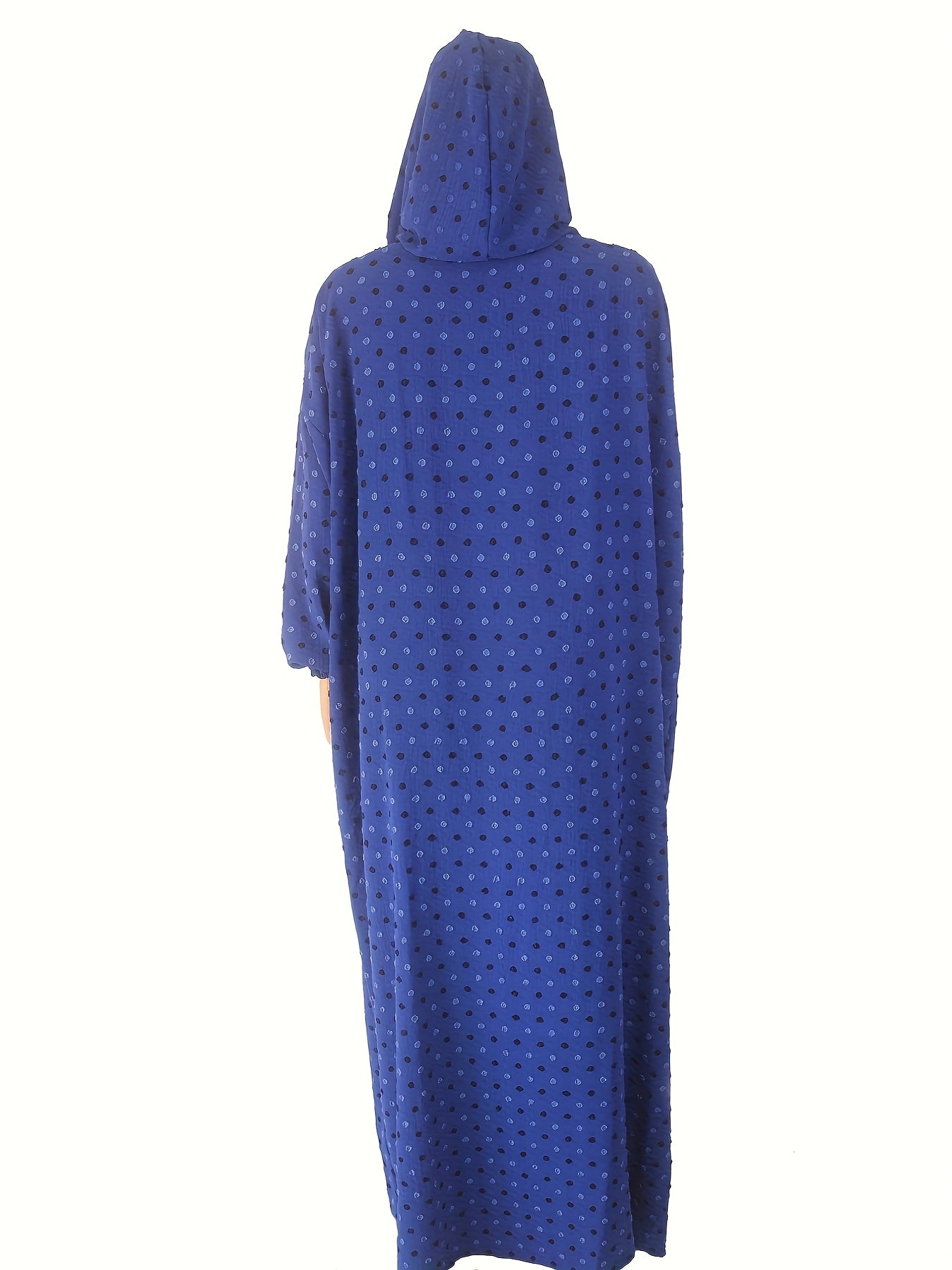 Women's Blue Polka Dot Abaya Kaftan Maxi Dress with Tassels and Lantern Sleeves