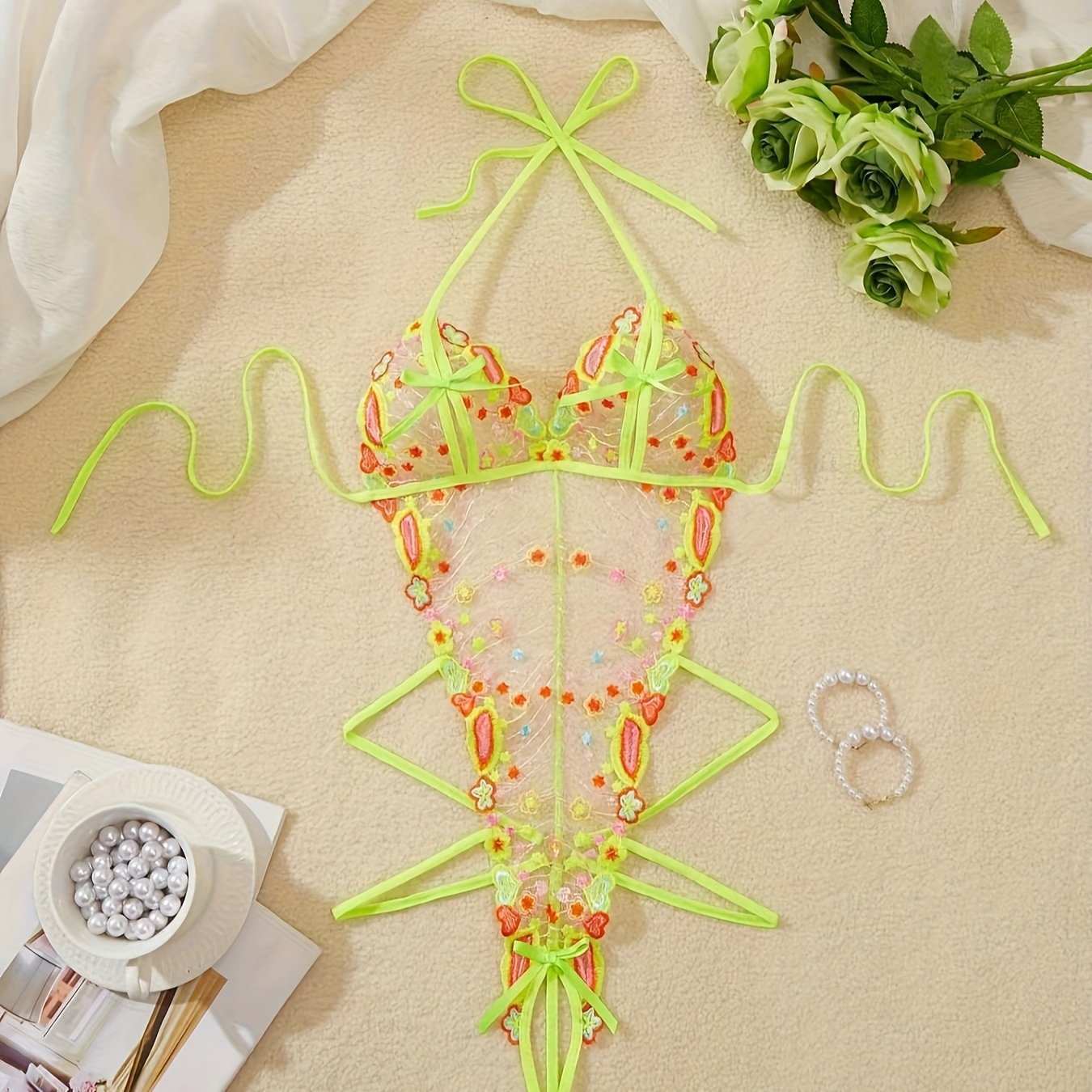 Women's Floral Embroidery Mesh Teddy with Cut Out Halter Backless Lingerie