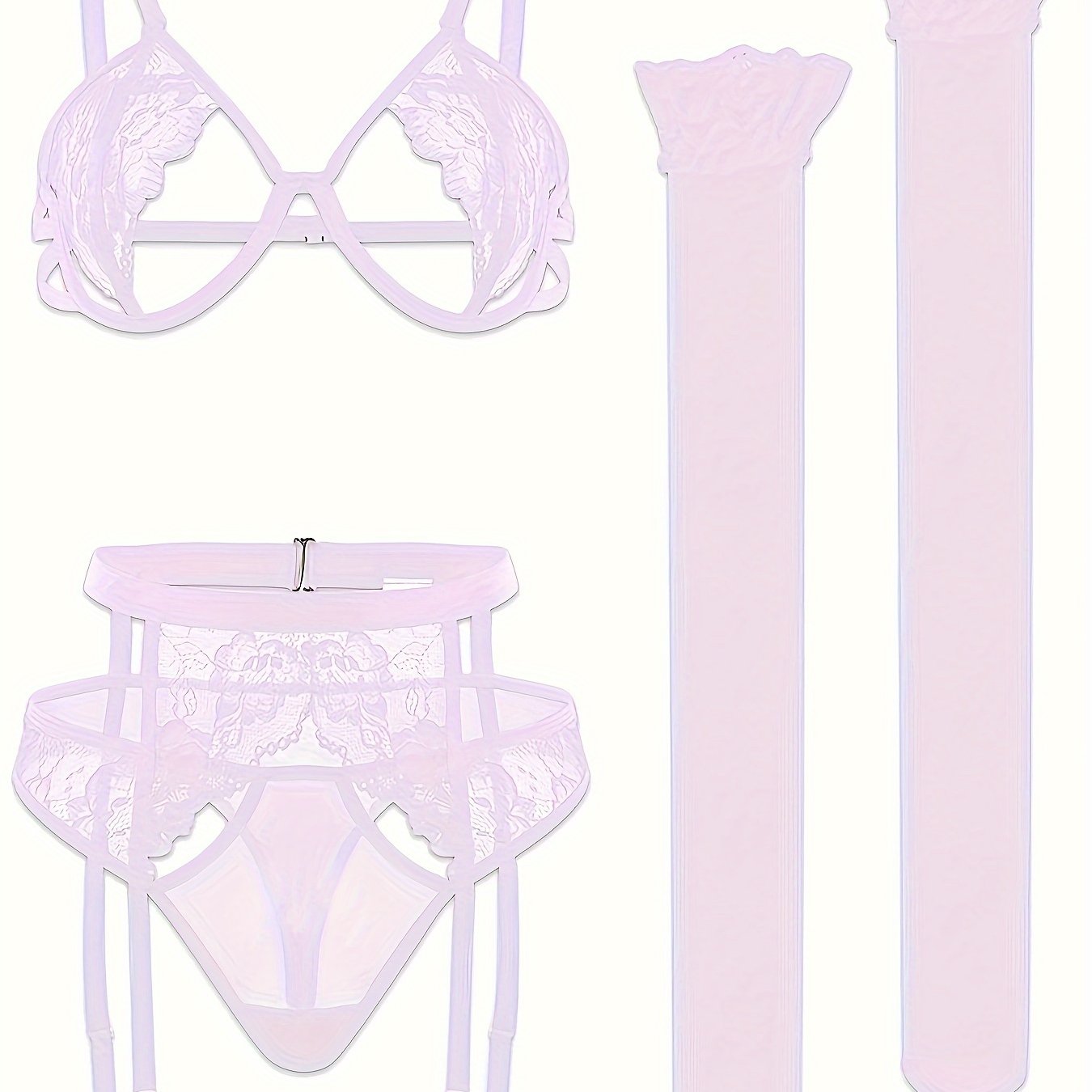 Lingerie Set 4-Piece Lace Detailing See-Through Stockings Garter Belt