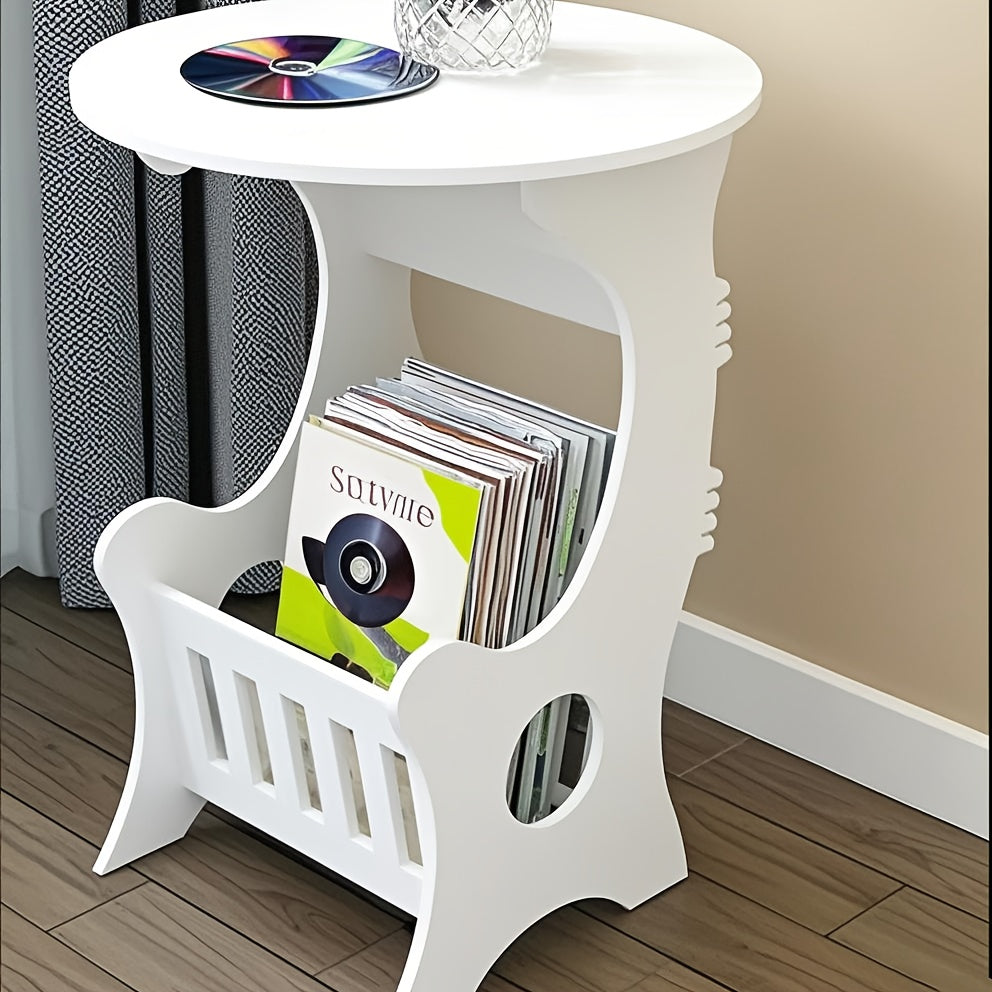 2024 Round Bedside Table with Tiered Shelf Plastic Polished Finish Space-Saving Storage