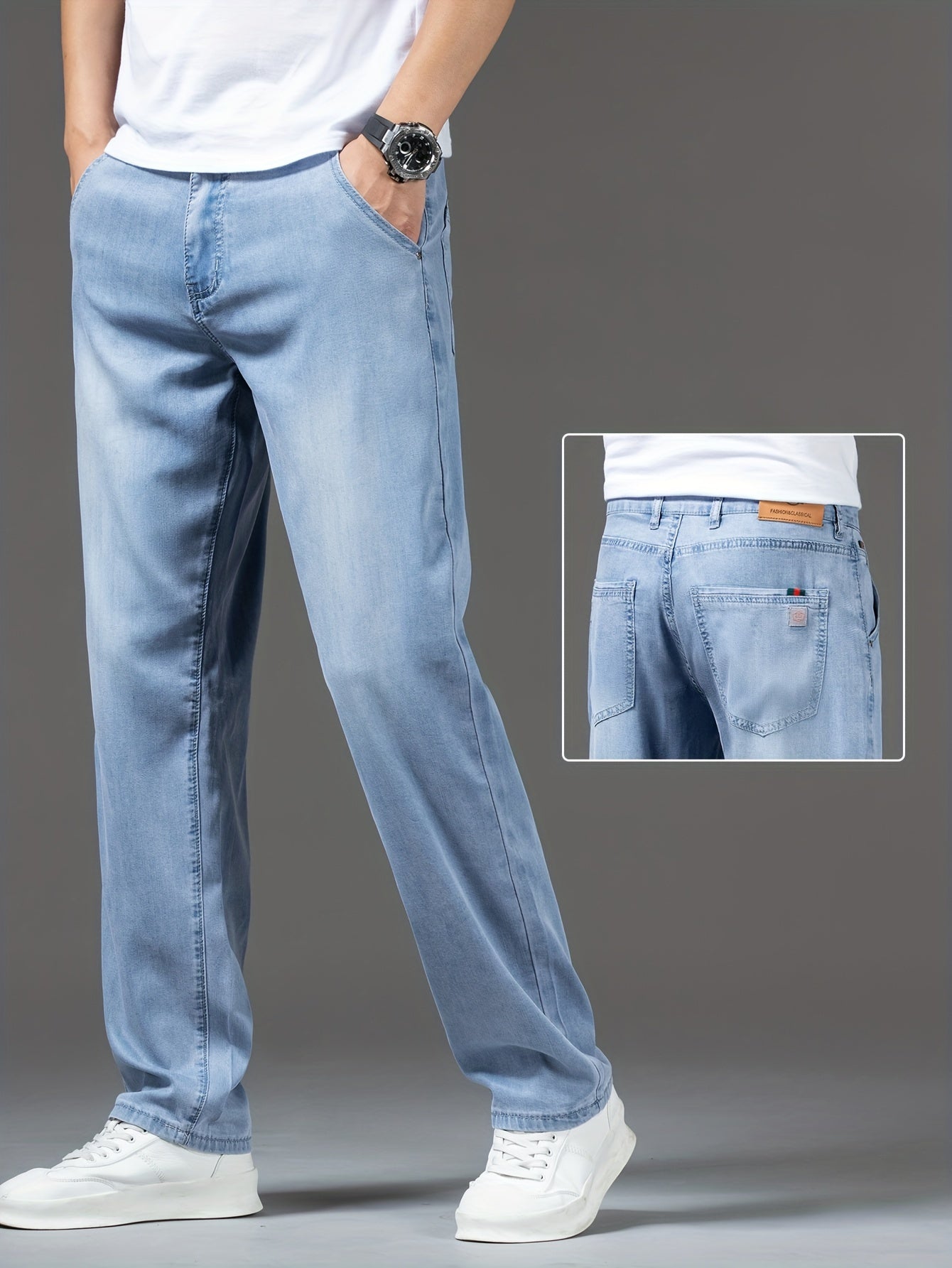 Men's Light Blue Straight Leg Denim Jeans with Lyocell Blend for Summer Casual