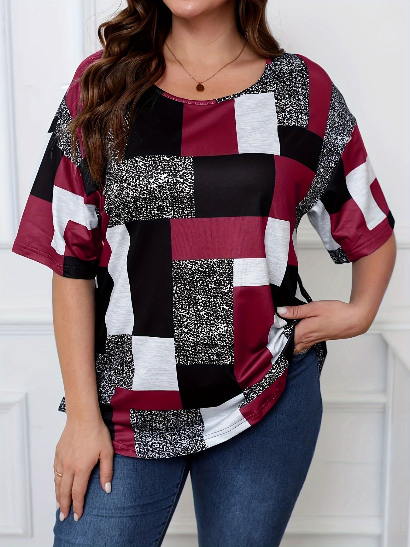 Plus Size Patchwork Print T-Shirt for Women Spring Summer Casual Plaid Crew Neck