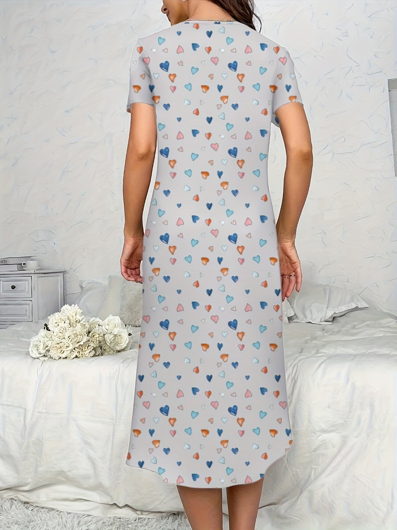 Women's Long Heart Print Cotton Casual Maxi Sleep Dress