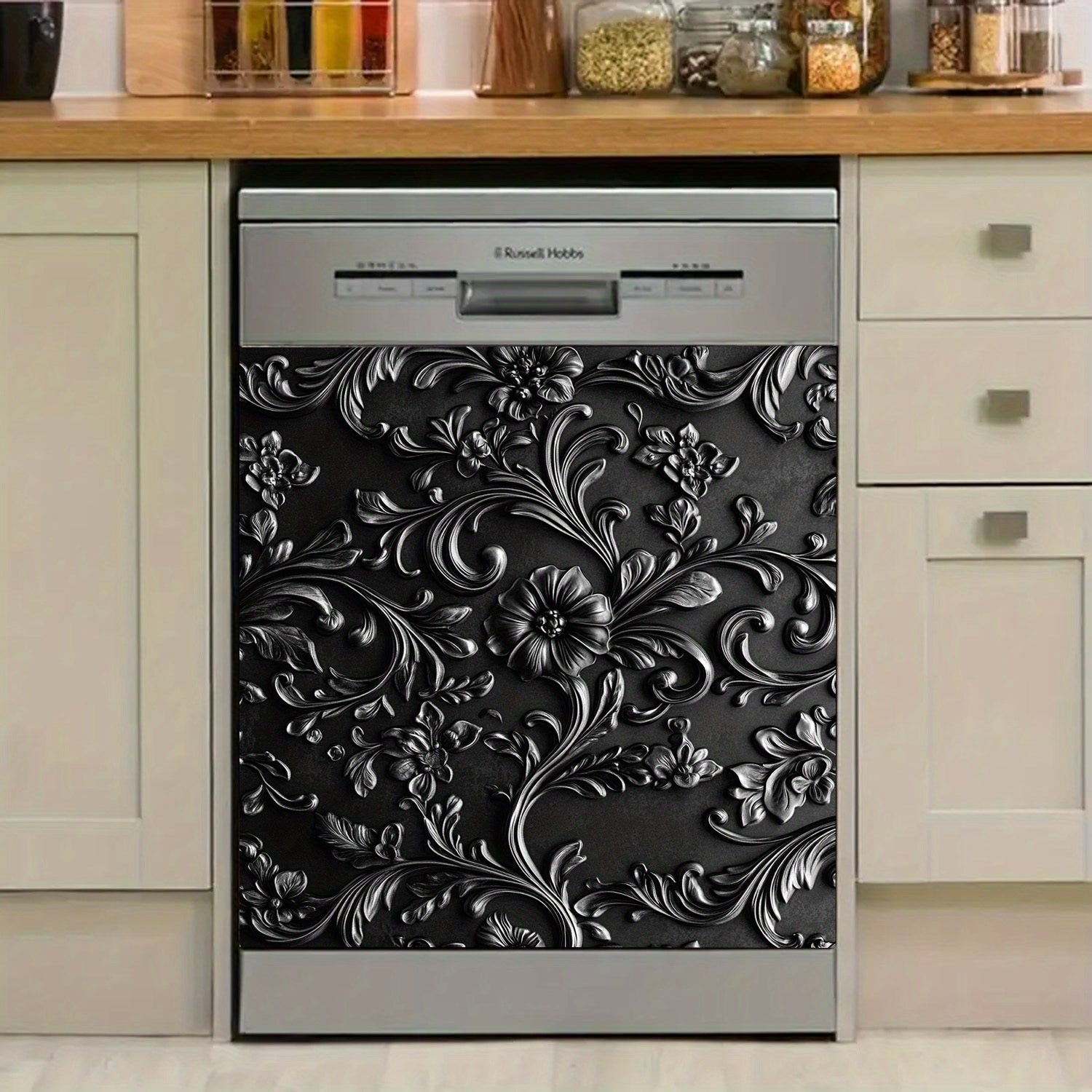 Black Floral Pattern Dishwasher Magnet Cover Waterproof Heat-Resistant PVC Kitchen Decor