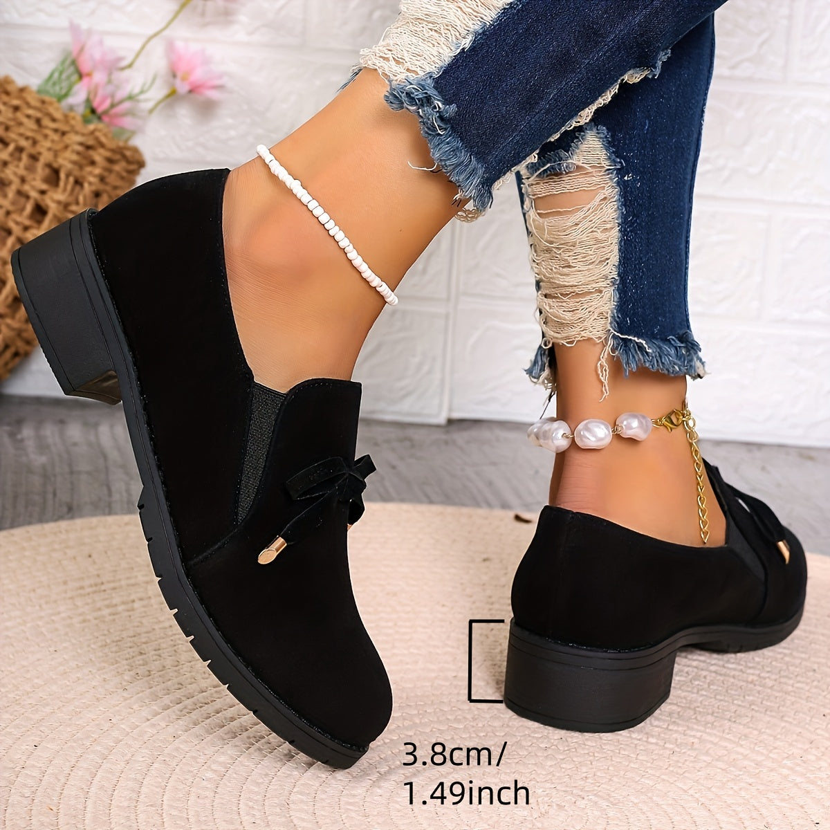 Women’s Black Fabric Bowknot Loafers Slip-On Casual Shoes All-Season