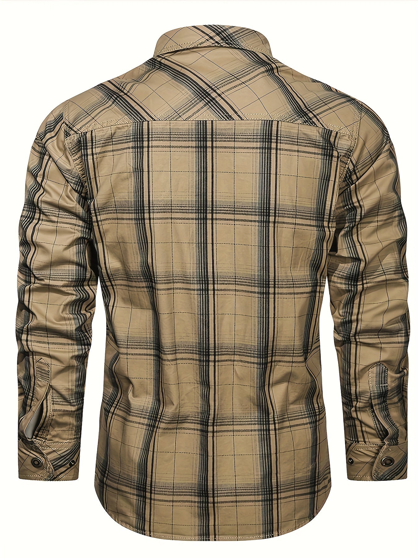 Men's Vintage Cotton Plaid Shirt Long Sleeve Lapel Collar Pockets Solid Color Regular Fit