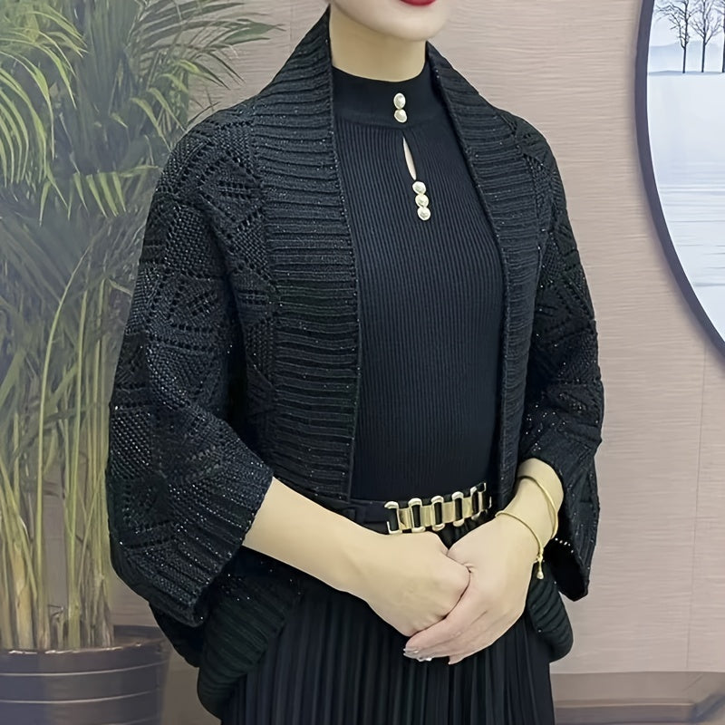 Black Knit Cardigan Shawl for Women Autumn Winter Soft Acrylic Layering Wrap with Three-Quarter Sleeves