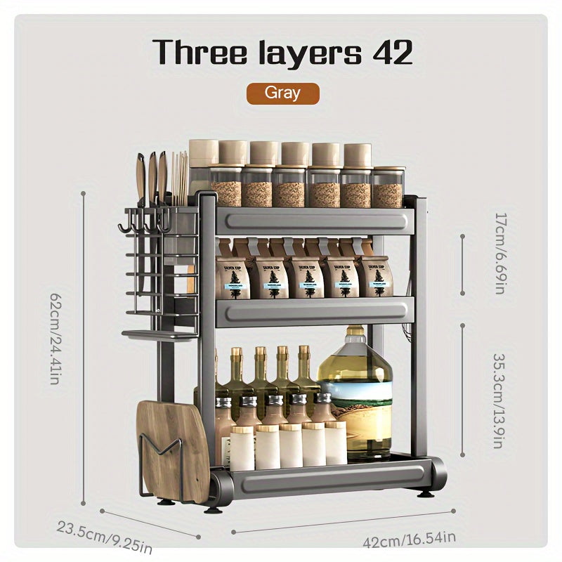 Metal Spice Rack Organizer 3-Tier Gray Countertop Storage for Kitchen Gadgets