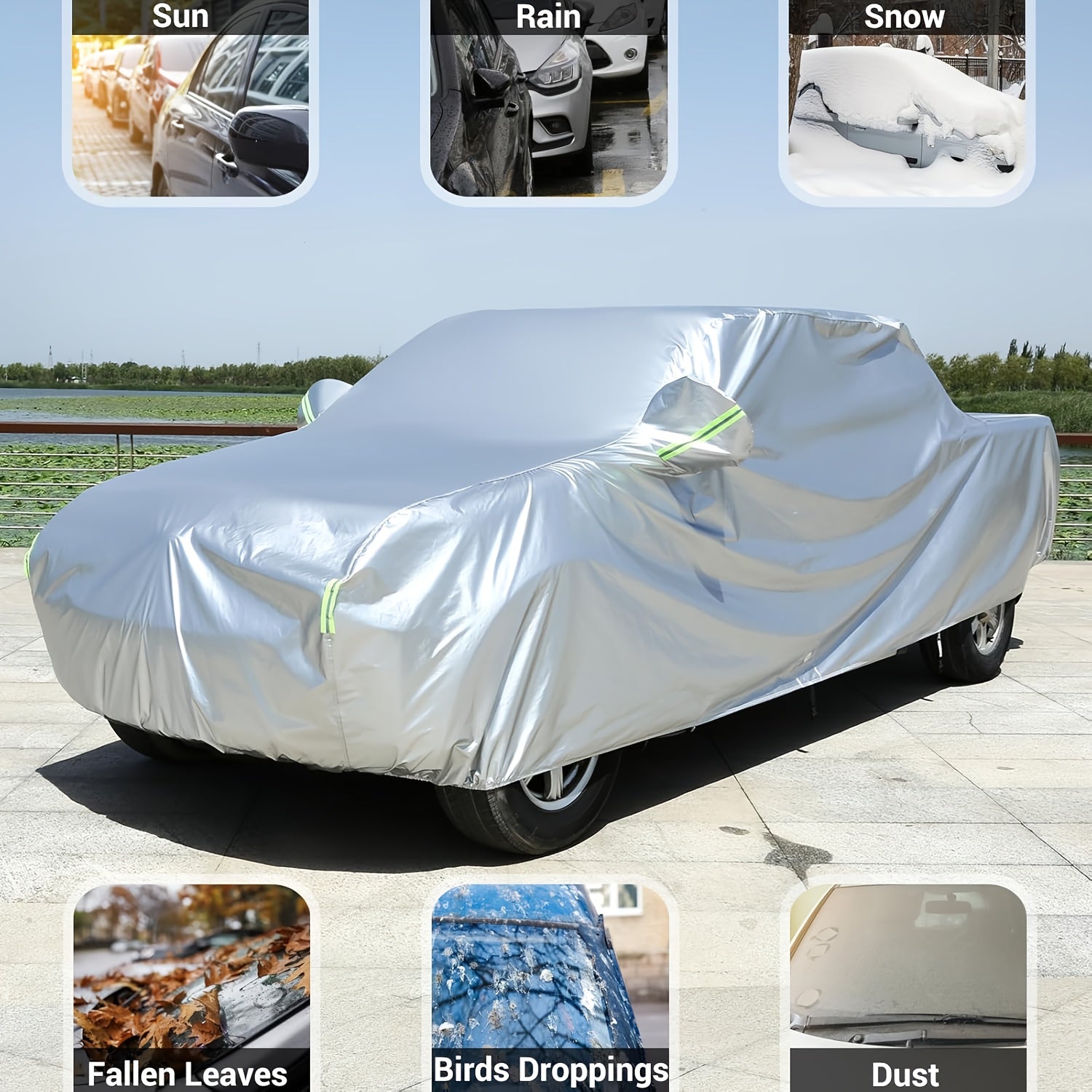 Cubierta de coche plateada protección contra polvo con tira reflectante para Silverado