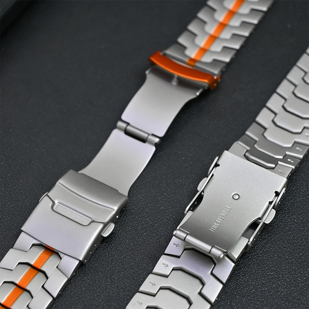 Titanium Alloy Apple Watch Band for Series 10 Ultra 2 46mm 49mm with Stainless Steel Clasp and Orange Accent Textured Metal Strap for iWatch 5 6 7 8 9 44mm 45mm