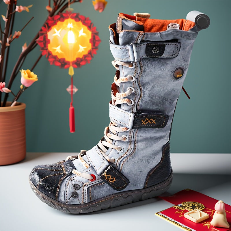 Women's Colorblock Boots with Side Zipper Soft Sole Buckle Platform Western Round Toe