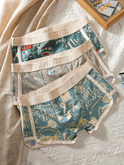 Men's Breathable Cotton Boxer Briefs Pack of 3 Geometric Pattern Comfortable Loose Fit
