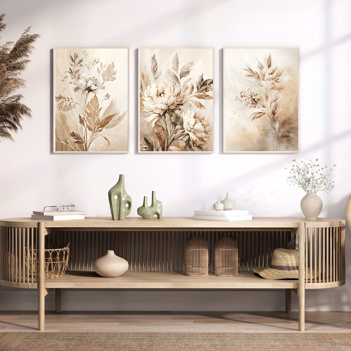 Set of 3 Frameless Floral Canvas Wall Art Prints for Home and Office Decor